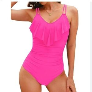 Vibrant Pink Ruffled One Piece Swimsuit with Deep V-Neck